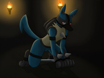 ambiguous_gender anthro bdsm black_body black_fur blue_body blue_fur bondage bound collar cuff_(restraint) fully_bound fur harness leather muzzle_(object) muzzled petplay restraints roleplay shackles slave solo spread_legs spreader_bar spreading submissive submissive_ambiguous tail torch yellow_body yellow_fur kuro-no-yuki_(artist) nintendo pokemon canid canine generation_4_pokemon lucario mammal pokemon_(species) 4:3