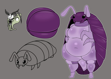 4_arms antennae_(anatomy) anthro beady_eyes big_breasts black_eyes breasts eyelashes featureless_breasts female front_view grey_background mandibles multi_arm multi_limb navel overweight overweight_female purple_body simple_background solo thick_thighs wide_hips thenarrator34 hollow_knight_(franchise) team_cherry fan_character arthropod crustacean isopod malacostracan pill_bug woodlouse hi_res