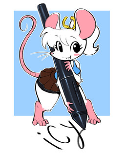 anthro black_eyes blush blush_stickers bottomwear buckteeth clothing female fur hairless_feet hairless_tail paws skirt solo tablet_pen teeth thick_thighs white_body white_fur iseenudepeople micy_(iseenudepeople) mammal mouse murid murine rodent 2025 digital_media_(artwork) hi_res signature