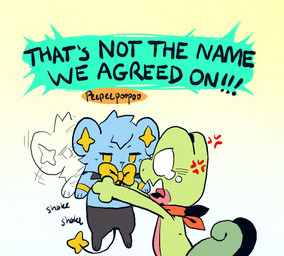 angry annoyed black_body black_fur blue_body blue_fur bodily_fluids bow_tie cross-popping_vein duo fur green_body half-closed_eyes narrowed_eyes open_mouth red_scarf scarf tears text tongue tongue_out yellow_bow_tie yellow_eyes thatlazyrat nintendo pokemon pokemon_mystery_dungeon spike_chunsoft generation_3_pokemon generation_4_pokemon pokemon_(species) shinx treecko 2021 english_description english_text