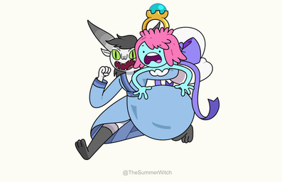 3_toes 4_fingers anthro black_hair blue_body bow_tie carrying_another clothed clothing digit_ring dress duo feet female fingers frown green_eyes hair horn jewelry multicolored_horn open_mouth open_smile pink_hair pointy_ears pupils ring robe running simple_eyes slit_pupils smile teeth toes tongue wedding_ring white_body thesummerwitch adventure_time cartoon_network bandit_princess engagement_ring_princess horned_humanoid humanoid unknown_species hi_res