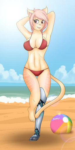 amputee anthro beach bikini blep breasts cleavage clothed clothing cybernetics detailed_background disability female fur hair machine outside prosthetic prosthetic_leg prosthetic_limb red_eyes sand seaside short_hair skimpy solo suggestive swimwear tan_body tan_fur tongue tongue_out two-piece_swimsuit water doxxyl capri_(doxxyl) domestic_cat felid feline felis mammal 2017 absurd_res digital_media_(artwork) hi_res