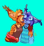 anthro blue_body blue_fur blush breasts chest_tuft clothed clothed_anthro clothed_female clothing duo ear_tuft female fur inner_ear_fluff licking licking_another male markings midriff orange_body orange_fur simple_background spots spotted_body spotted_fur tongue tuft theblueberrycarrots berry_(theblueberrycarrots) carrot_(theblueberrycarrots) felid feline lynx mammal 2025 digital_drawing_(artwork) digital_media_(artwork) hi_res