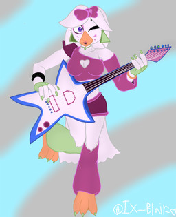 3_toes alternative_fashion anthro beak big_breasts bottomwear bow_(feature) breasts clothing colored_nails colored_outline electric_guitar facial_markings feet female fur glamrock green_ear_ring green_nails guitar head_markings markings musical_instrument nails non-mammal_breasts plucked_string_instrument shorts solo string_instrument toes white_body white_fur ixblair five_nights_at_freddy's five_nights_at_freddy's:_security_breach scottgames steel_wool_studios glamrock_chica avian bird chicken galliform phasianid hi_res