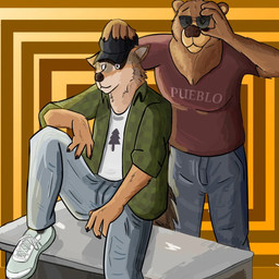 4_fingers anthro claws clothed clothing duo fingers fur male male/male simple_background smile text melioo arches_(game) echo_(series) echo_project arches_(character) cameron_wilson devon_ortega bear canid canine canis coyote mammal 1:1 spanish_text