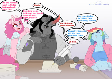 5_fingers anthro anthrofied black_hair blue_body blue_eyes bottomwear bra breasts cleavage clothed clothing dialogue female fingers grey_body group hair hand_on_hip hand_on_own_hip horn jacket long_hair male midriff motion_lines multicolored_hair navel open_mouth pink_hair pink_tail rainbow_hair red_eyes scar shorts speech_bubble sports_bra tail teeth text tongue topwear trio underwear evehly friendship_is_magic hasbro my_little_pony mythology king_sombra_(mlp) pinkie_pie_(mlp) rainbow_dash_(mlp) earth_pony equid equine horse mammal mythological_creature mythological_equine pony unicorn absurd_res english_text hi_res signature url