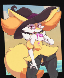 anthro areola big_breasts big_ears big_hat black_body black_border black_clothing black_fur black_hat black_headwear black_thong black_underwear bodily_fluids border breasts cheek_tuft clothing dessert dipstick_tail eyewear facial_tuft female food fur genital_fluids genitals hat headgear headwear holding_food holding_ice_cream holding_object ice_cream inner_ear_fluff markings nipples open_mouth open_smile orange_areola orange_body orange_fur orange_nipples orange_nose round_sunglasses smile solo sunglasses tail tail_markings thick_thighs thong thong_down tuft underwear vaginal_fluids vulva white_body white_fur wide_hips witch_hat yellow_body yellow_fur razgrizdl nintendo pokemon light_(codeco) braixen generation_6_pokemon pokemon_(species) hi_res