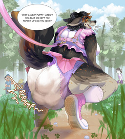 ballcap bench body_harness bottomwear breasts breath clothed clothing cloud crouching day diaper dirt_path ears_back embarrassed eyebrows eyelashes eyewear fangs feces feces_bulge feces_stain female flower footwear fully_clothed fur glasses grass group hair harness leash looking_at_another looking_back male markings offscreen_character onomatopoeia open_mouth outside panting park park_bench pivoted_ears plant pointy_ears pooping prick_ears raised_tail rear_view relieved shocked shoes sitting sky soiled_diaper soiling soiling_diaper solo_focus sound_effects stained_diaper standing surprised tail teeth text tiptoes tongue tree unclean_diaper upskirt used_diaper using_diaper wearing_diaper whisker_markings lexxypawz bri_(kalash) canid canine canis coyote mammal species_request 2026 character_request english_text hi_res