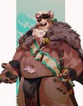 anthro armpit_hair belly body_hair bottomwear brown_body brown_fur bulge clothing fur humanoid_hands loincloth male moobs navel nipples overweight overweight_anthro overweight_male solo weapon seatohao lifewonders tokyo_afterschool_summoners kimun_kamui_(tas) bear mammal 2020 hi_res