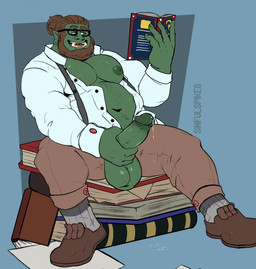 balls beard bodily_fluids body_hair book brown_hair chest_hair clothed clothing eyewear facial_hair footwear genital_fluids genitals glasses green_body green_skin hair hair_bun humanoid_genitalia humanoid_penis humanoid_pointy_ears male masturbation musclegut muscular navel nipples not_furry open_clothing open_shirt open_topwear pecs penile penile_masturbation penis penis_poking_out pointy_ears precum reading reading_book shirt shoes sitting slightly_chubby slightly_chubby_humanoid slightly_chubby_male socks solo suspenders topwear sinfulspikes humanoid orc 2023 hi_res