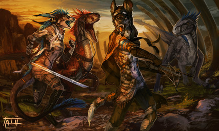anthro black_lips blue_hair bridle clothed clothing day detailed_background digitigrade feral grass group hair holding_melee_weapon holding_object holding_sword holding_weapon lips melee_weapon mount open_mouth plant reins rock saddle sky sword teeth tongue weapon tatiilange african_wild_dog canid canine dinosaur dromaeosaurid mammal prehistoric_species reptile scalie theropod velociraptor 2017 5:3 digital_media_(artwork) hi_res