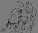 against_surface against_wall anthro beak belt bottomwear clothing duo feathers gun holster holstered_pistol imminent_kiss jacket kabedon male male/male pants paws ranged_weapon simple_background topwear wall_(structure) weapon whiskers mattbyles nintendo star_fox falco_lombardi fox_mccloud avian bird canid canine canis fox mammal monochrome