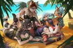 anthro beach bikini black_nose blue_body blue_eyes blue_fur breasts brown_hair clothed clothing day detailed_background eyebrows eyelashes female fur hair orange_eyes outside sand seaside shoreline sky smile swimwear two-piece_swimsuit water vagabondbastard canid canine fox mammal procyonid raccoon 2022 digital_media_(artwork)