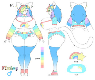anthro belt belt_buckle big_breasts biped blue_bottomwear blue_clothing blue_eyebrows blue_hotpants blue_jacket blue_legwear blue_shorts blue_thigh_highs blue_topwear bottomwear breasts buckle bulge cleavage clothed clothing crop_top eyebrows eyelashes footwear fur gender_symbol green_eyes gynomorph hair hair_over_eye hotpants huge_breasts intersex jacket legwear long_tail male_symbol midriff multicolored_clothing multicolored_eyes multicolored_hair multicolored_sweater multicolored_topwear multiple_angles navel open_clothing open_jacket open_topwear rainbow rainbow_clothing rainbow_hair rainbow_sweater rainbow_topwear shirt shoes shorts simple_background smile smiley_face solo standing sweater symbol tail tamagotchi_(toy) text thigh_highs topwear two_tone_eyes white_background white_body white_clothing white_crop_top white_fur white_topwear wide_hipped_anthro wide_hipped_gynomorph yellow_eyes theycallhimcake tamagotchi finley_(theycallhimcake) domestic_cat felid feline felis mammal 2024 character_name digital_drawing_(artwork) digital_media_(artwork) english_description english_text hi_res model_sheet busty_boy_(lore) male_(lore)