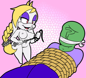 ?_face anthro blonde_hair bound breasts buckteeth dominant dominant_female dominatrix duo eyelashes eyeshadow female fur genitals hair half-closed_eyes larger_sub makeup male narrowed_eyes red_eyes shortstack size_difference submissive submissive_male teeth vulva whip fourball mario_bros nintendo super_mario_odyssey anon broodal hariet_(mario) human lagomorph leporid mammal rabbit hi_res
