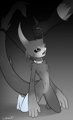 ambiguous_gender anthro bdsm big_hands bodily_fluids bondage bound bruised clothing collar dripping_vulva duo ear_grab female female/ambiguous forced fur genital_fluids genitals gloves handwear kneeling looking_up one_eye_closed open_mouth saliva slave tail tail_bondage tail_tied tears vaginal_fluids vulva white_body white_fur wounded giru_(artist) krya_(giru) furred_kobold furred_scalie kobold scalie black_and_white character_request hi_res monochrome
