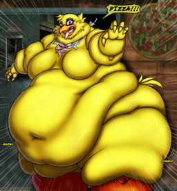anthro beak belly bib big_belly big_breasts bodily_fluids breasts deep_navel door drooling feathers featureless_breasts female fingers food huge_belly huge_breasts huge_thighs jiggling machine morbidly_obese morbidly_obese_anthro morbidly_obese_female navel obese obese_anthro obese_female open_beak open_mouth overweight overweight_anthro overweight_female pink_eyes pizza rumbling_stomach saliva solo teeth text thick_thighs tongue tongue_out torn_bib yellow_body yellow_feathers viroveteruscy five_nights_at_freddy's scottgames chica_(fnaf) animatronic avian bird chicken galliform gallus_(genus) phasianid robot 2025 absurd_res digital_media_(artwork) english_text hi_res