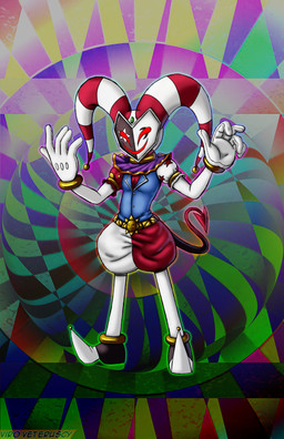 anthro bottomwear clothed clothing footwear gloves handwear jester jester_outfit male mask pointed_tail tail topwear viroveteruscy world_gates chaos_(viroveteruscy) archfiend demon 2025 absurd_res digital_media_(artwork) hi_res