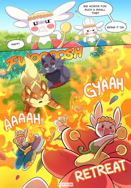 battle breath_powers dialogue elemental_manipulation feral fire fire_breathing fire_manipulation flower onomatopoeia plant screen screen_face sound_effects text nikkibunn nintendo pokemon gunther_(mating_season) blue_flower_flabebe flabebe generation_1_pokemon generation_5_pokemon generation_6_pokemon growlithe pokemon_(species) red_flower_flabebe zorua 2025 comic english_text hi_res multiple_scenes watermark