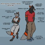 1:1 2018 anthro biped black_hair black_nose bonfirefox bottomwear canid canine canis clothed clothing countershading crossed_arms digital_media_(artwork) digitigrade duo english_text eyebrows footwear fur grey_body grey_fur grin hair hair_over_eye hand_in_pocket hands_in_both_pockets hi_res mammal multicolored_body multicolored_fur one_eye_obstructed pants pockets red_body red_fur shirt shoes simple_background smile text topwear two_tone_body two_tone_fur wolf