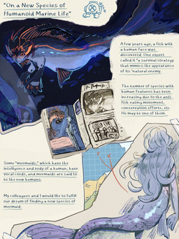 ambiguous_gender book clothed clothing coat diving_suit duo fin hair lab_coat male map notebook pencil_(object) photo scales sea sign solo split_form standing tail text topwear underwear water rurupo aquatic fish human humanoid mammal merfolk 2026 absurd_res alternate_version_at_source comic english_text hi_res