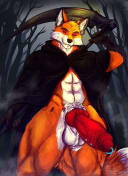 abs anthro balls big_knot black_sclera cape clothing ear_tuft erection forest forest_background fur genital_piercing genitals holding_object holding_weapon humanoid_genitalia humanoid_penis hybrid_genitalia hybrid_penis knot knotted_humanoid_penis knotted_penis light light_beam looking_at_viewer male melee_weapon muscular nature nature_background orange_body orange_fur outside penis penis_piercing piercing plant polearm red_eyes scythe smile solo tail tree tuft vein veiny_penis weapon lupelongo canid canine fox mammal red_fox true_fox digital_media_(artwork) hi_res