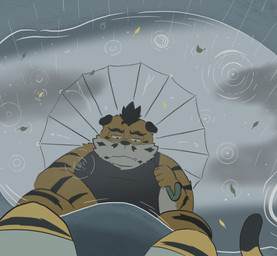 anthro detailed_background eyewear glasses humanoid_hands kemono male outside raining sad slightly_chubby solo umbrella hon55728 felid mammal pantherine tiger 2021