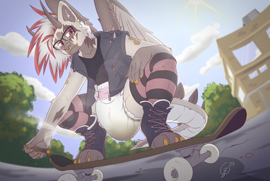 4_toes 5_fingers anthro arm_on_leg bent_legs black_clothing black_eyewear black_footwear black_glasses black_jacket black_leather_jacket black_shirt black_shoes black_t-shirt black_topwear bottomwear building claw_marks claws clothed clothing cloud crouching detailed_background diaper drugs ear_piercing ear_ring ear_tuft epaulet eye_scar eyebrows eyewear facial_piercing facial_scar fangs feathered_wings feathers feces feet fingers footwear fur glasses hair highlights_(coloring) holding_joint horn jacket lapel leather leather_clothing leather_jacket leather_topwear legwear lens_flare lip_piercing lit_joint looking_at_viewer male marijuana marijuana_blunt multicolored_body multicolored_fur nose_piercing nose_ring pattern_clothing pattern_legwear pattern_thigh_highs piercing pink_diaper pink_diaper_fastener plant pockets rectangular_glasses red_eyes red_highlights relaxing ring_piercing sagging_diaper scales scaly_tail scar sharp_teeth shirt shoelaces shoes skateboard skateboarding sky smile smiling_at_viewer smoke snakebite_piercing socks soiled_diaper solo spiked_jacket spiked_tail spikes spikes_(anatomy) spiky_hair stained_diaper stockings striped_clothing striped_legwear striped_thigh_highs stripes sun t-shirt tail tan_body tan_fur teeth thigh_highs toes topwear tree tuft unclean_diaper used_diaper vehicle wearing_diaper white_diaper wings yellow_claws yellow_teeth zipper ozlow mythology mange_stinkyspots dragon hybrid hyena mammal mythological_creature mythological_scalie scalie 2025 colored digital_drawing_(artwork) digital_media_(artwork) hi_res shaded signature