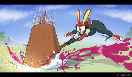 anthro attack attack_pose black_bars blood bodily_fluids buckteeth clothed clothing detailed_background feet female flip_flops footwear hammer jumping long_ears open_mouth outside overalls sandals shoes solo squish teeth thick_thighs toes tools avioylin amanda_(yoelrabbit) lagomorph leporid mammal rabbit worm hi_res letterbox