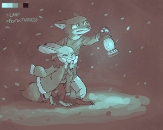 ambiguous_gender anthro barefoot bottomwear cheek_tuft clothed clothing color_swatch dipstick_ears duo ear_markings facial_tuft feet hand_on_shoulder holding_lantern holding_object jacket lamp lantern multicolored_ears outside pants shirt snow snowing text topwear tuft walking fuel_(artist) disney zootopia judy_hopps nick_wilde canid canine fox lagomorph leporid mammal rabbit red_fox true_fox 2019 english_text hi_res restricted_palette