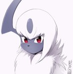 ambiguous_gender blue_body blue_nose blue_skin eyelashes feral fur hair looking_at_viewer neck_tuft red_eyes simple_background small_mouth solo tuft white_background white_body white_fur white_hair eryz nintendo pokemon absol generation_3_pokemon pokemon_(species) 2020 bust_portrait hi_res portrait shaded signature