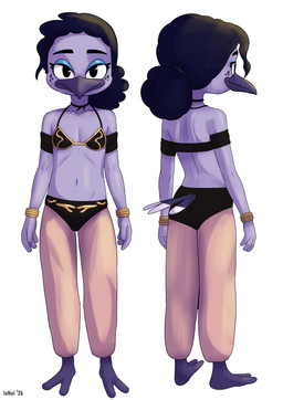 2_toes anthro beak bottomwear bra bracelet burd clothing cosplay costume feathers feet female flat_chested freckles jewelry looking_at_viewer pants purple_body simple_background slave_leia_costume slave_outfit smile standing tail tail_feathers toes underwear white_background young young_anthro young_female ionai disney ducktales ducktales_(2017) star_wars violet_sabrewing avian bird 2026 absurd_res hi_res