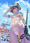 absurd_res anthro arknights athletic boat breasts canid canine canis carbon12th_(artist) clitoral_hood clitoris clothed clothed/nude clothed_male clothing cloud domestic_dog exhibitionism eyewear felid female fishing_rod flat_chested genitals goggles hi_res hung_(arknights) hypergryph innie_pussy kemono low-angle_view male mammal nipples nude orange_eyes pantherine public public_nudity pussy small_breasts snorkel speargun stripes studio_montagne thigh_gap third-party_edit tiger vehicle waaifu_(arknights) watercraft