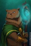 anthro armor belt bracers brown_body brown_fur cloak clothed clothing female fur solo staff yellow_eyes purpleground02 armello league_of_geeks sana_(armello) bear mammal 2:3