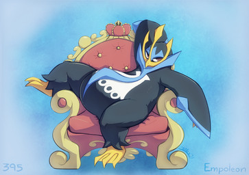 anthro black_body black_fur blue_body blue_markings brown_eyes chair crown fur furniture hand_behind_head headgear leg_tuft looking_at_viewer male markings pseudo_clothing simple_background sitting slightly_chubby slightly_chubby_male smile smiling_at_viewer solo throne tuft white_body zriartz nintendo pokemon empoleon generation_4_pokemon pokemon_(species) 2021 hi_res signature