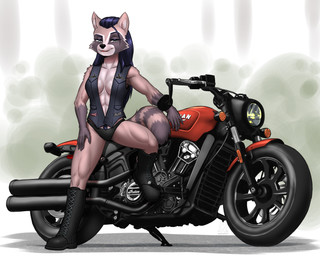 abs anthro biker biped boots breasts clothed clothed_anthro clothed_female clothing female fingers footwear front_view fur hair motorcycle shoes smile solo standing tail teeth tongue topwear vehicle vest mykegreywolf mammal procyonid raccoon 2026 5:4 absurd_res digital_drawing_(artwork) digital_media_(artwork) hi_res