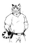 anthro belt bottomwear clothing fingerless_gloves gloves hands_on_hips handwear knife_sheath looking_at_viewer male markings muscular muscular_anthro muscular_male pants shirt slightly_chubby slightly_chubby_anthro slightly_chubby_male solo standing striped_markings stripes t-shirt topwear nukeyfox epic_games fortnite oscar_(fortnite) felid mammal pantherine tiger 2024 hi_res monochrome