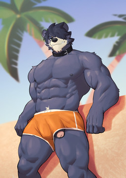 abs anthro bangs barazoku barely_visible_genitalia barely_visible_penis biceps big_muscles bottomwear bulge clothed clothing collar day foreskin fur genitals hair humanoid_genitalia humanoid_penis looking_at_viewer male muscular muscular_anthro muscular_male narrowed_eyes navel nipples outside palm_tree pecs penis penis_poking_out plant serratus shorts shorts_only smile solo standing topless topless_anthro topless_male tree tuft urethra vein jrjresq marsh_(jrjresq) bear mammal 2024 absurd_res hi_res