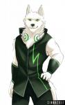 2017 anthro canid canine canis chest_tuft cinnahipster clothed clothing domestic_dog electronics fully_clothed fur green_eyes headphones hi_res looking_at_viewer male mammal muscular muscular_anthro muscular_male sero_tsugumine shirt simple_background smile solo standing topwear tuft utau vest white_background white_body white_fur wolf wristband