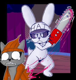 :< ambiguous_gender anthro baseball_cap beanie belly big_eyes black_body black_fur black_nose black_sclera blood bodily_fluids brown_beanie brown_clothing brown_hat brown_headwear brown_jacket brown_topwear chainsaw chest_tuft clenched_teeth closed_frown clothing drooling duo empty_eyes eyelashes featureless_crotch feet female fighting_pose flat_chested frown fur furgonomic_headwear furgonomics gore grey_body grey_fur hat hat_only headgear headgear_only headwear headwear_only holding_chainsaw holding_object holding_power_tool holding_tool inside jacket killing long_ears mostly_nude mouth_closed multicolored_body multicolored_fur open_frown open_mouth outline overweight overweight_anthro overweight_female pose power_tool saliva scut_tail sharp_teeth short_tail tail tears teeth text text_on_clothing text_on_hat text_on_headwear thick_thighs toes tools topwear tuft two_tone_body two_tone_fur whiskers white_body white_eyes white_fur white_outline wide_stance lizardfungus cc-by-nc-nd creative_commons jenny_jeungman lagomorph leporid mammal procyonid rabbit raccoon 2025 aliasing binary_drawing cel_shading digital_drawing_(artwork) digital_media_(artwork) english_text shaded