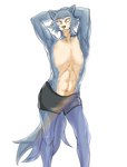 abs anthro clothed clothing fur hands_behind_head male partially_clothed raised_arms scar solo standing underwear majinjin23 beastars legoshi_(beastars) canid canine canis mammal wolf 2022 hi_res portrait three-quarter_portrait