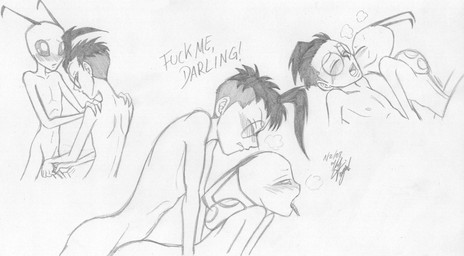 ahoge anal anal_penetration antennae_(anatomy) backpack blush duo exclamation_point eyes_closed eyewear fondling glasses hair human_on_humanoid interspecies kissing looking_pleasured male male/male male_penetrated male_penetrating male_penetrating_male not_furry open_mouth pak penetration sex shy simple_background tongue tongue_out white_background hyenakay invader_zim nickelodeon dib_membrane zim_(invader_zim) alien alien_humanoid human humanoid irken mammal 2008 hi_res monochrome signature sketch traditional_media_(artwork)