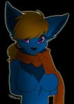 2014 alpha_channel anthro blonde_hair blue_body blue_fur breasts brown_nose canid canine chest_tuft digital_media_(artwork) eyebrows eyelashes featureless_breasts female fennec_fox fox fur hair hair_over_eye half-length_portrait hi_res looking_at_viewer mammal nude one_eye_obstructed pollo-chan ponytail portrait purple_eyes scarf simple_background smile solo true_fox tuft