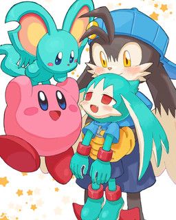 aged_down anthro backwards_baseball_cap backwards_hat baseball_cap black_body black_fur blue_clothing blue_shirt blue_topwear blush blush_lines blush_stickers bottomwear clothing fur gloves green_body green_fur group handwear hat headgear headwear holding_another kemono male open_mouth red_eyes shirt shorts simple_background topwear tuft white_background yellow_clothing yellow_eyes yellow_gloves yellow_handwear young young_anthro young_male amber_graygamma bandai_namco kirby_(series) klonoa_(series) nintendo elfilin king_of_sorrow kirby klonoa 2023 crossover hi_res