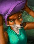 backpack brown_hair clothing female fur grass green_eyes hair orange_body orange_fur plant raining shirt short_hair solo t-shirt topwear conqista foxtail foxtail_(video_game) leah_(foxtail) canid canine fox mammal hi_res