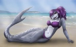 amber_eyes anthro beach bikini biped breasts cleavage clothed clothing detailed_background female hair looking_at_viewer lying markings midriff navel non-mammal_breasts outside purple_hair sand seaside sharp_teeth skimpy sky solo swimwear tail teeth tight_clothing two-piece_swimsuit vani-fox fish marine shark watermark