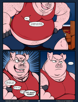 annoyed anthro ashtray belly belly_hair big_belly blue_bottomwear blue_clothing blue_shorts body_hair bottomwear chair chest_hair clothed clothed_anthro clothed_male clothing dialogue ear_piercing facial_hair fully_clothed fully_clothed_anthro fully_clothed_male fupa furniture hairy hairy_body hairy_legs hairy_man huge_belly larger_male leg_hair male musclegut muscular muscular_anthro muscular_arm muscular_arms muscular_male neck_hair offscreen_character offscreen_male overweight overweight_anthro overweight_male pecs piercing pink_body red_clothing red_shirt red_tank_top red_topwear shirt shorts shoulder_hair size_difference solo speech_bubble table tall_male tank_top teeth text topwear huttsergreywolf fairy_tales the_three_little_pigs domestic_pig mammal suid suine sus_(pig) absurd_res comic english_text hi_res meme url