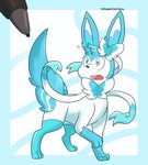 alternate_color black_nose blue_body blue_eyes blue_fur breaking_the_fourth_wall confusion drawn_over fangs feral fur green_body green_fur male open_mouth simple_background solo surprise tablet_pen teeth tongue wacom_pen white_body white_fur screamoshaymin nintendo pokemon avis_(sylveon) eeveelution generation_6_pokemon pokemon_(species) sylveon absurd_res hi_res