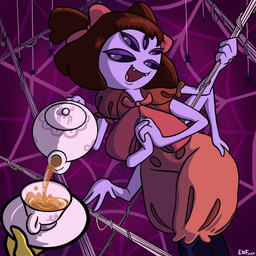 anthro bottomwear bow_ribbon clothed clothing container cup fangs female frilly frilly_bottomwear frilly_clothing hands_on_hips multi_eye multi_limb open_mouth pantaloons purple_body solo spider_web tea_cup teapot teeth tongue theenfman undertale undertale_(series) muffet arachnid arthropod spider 1:1 hi_res
