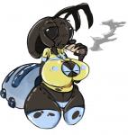 antennae_(anatomy) anthro bra breasts cleavage_cutout clothed clothing cutout dark_body dark_skin female fully_clothed legwear non-mammal_breasts simple_background smoking solo stockings topwear torn_clothing underwear white_background ponk ant arthropod honeypot_ant hymenopteran insect